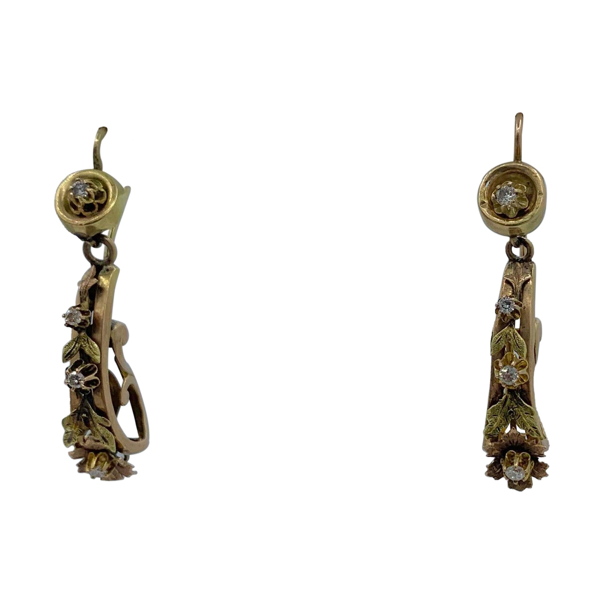 Victorian Old Mine Diamond Dangle Drop Flower Earrings 14 Karat Gold Rare
