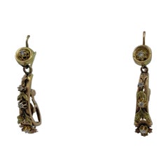 Boucles d'oreilles Victorian Old Mine Diamond Dangle Drop Flower Earrings 14 Karat Gold Rare