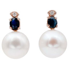 Blue Sapphires, Diamonds, Baroque Pearls, 14 Karat Rose Gold Stud Earrings