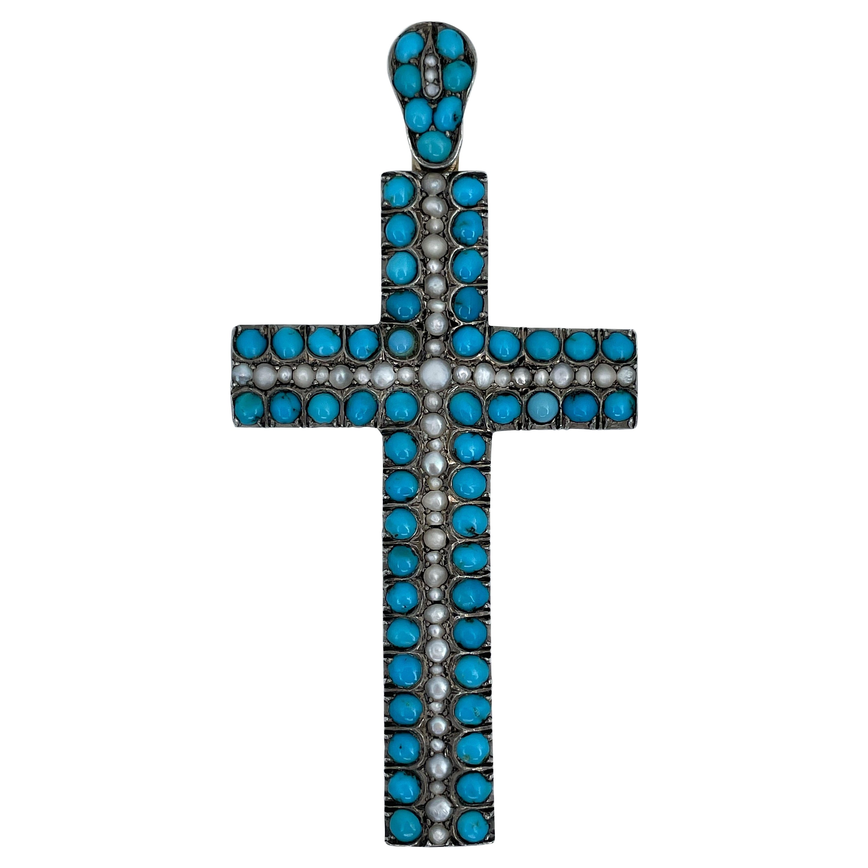 Victorian 14 Karat Gold Turquoise Pearl Cross Pendant For Sale