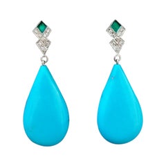 Art Deco Style Diamond Gold Green Enamel Natural Turquoise Plain Drop Earrings