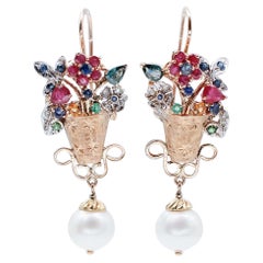 Rubies, Sapphires, Emeralds, Diamonds, Pearls, 14 Karat  Gold Dangle Earrings