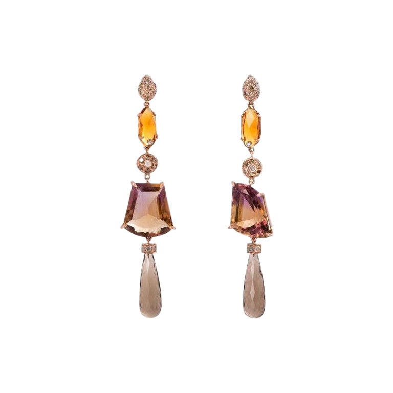 Pendants d'oreilles uniques en leur genre en or rose, diamants 0,70 carats, ametrine et citrine en vente