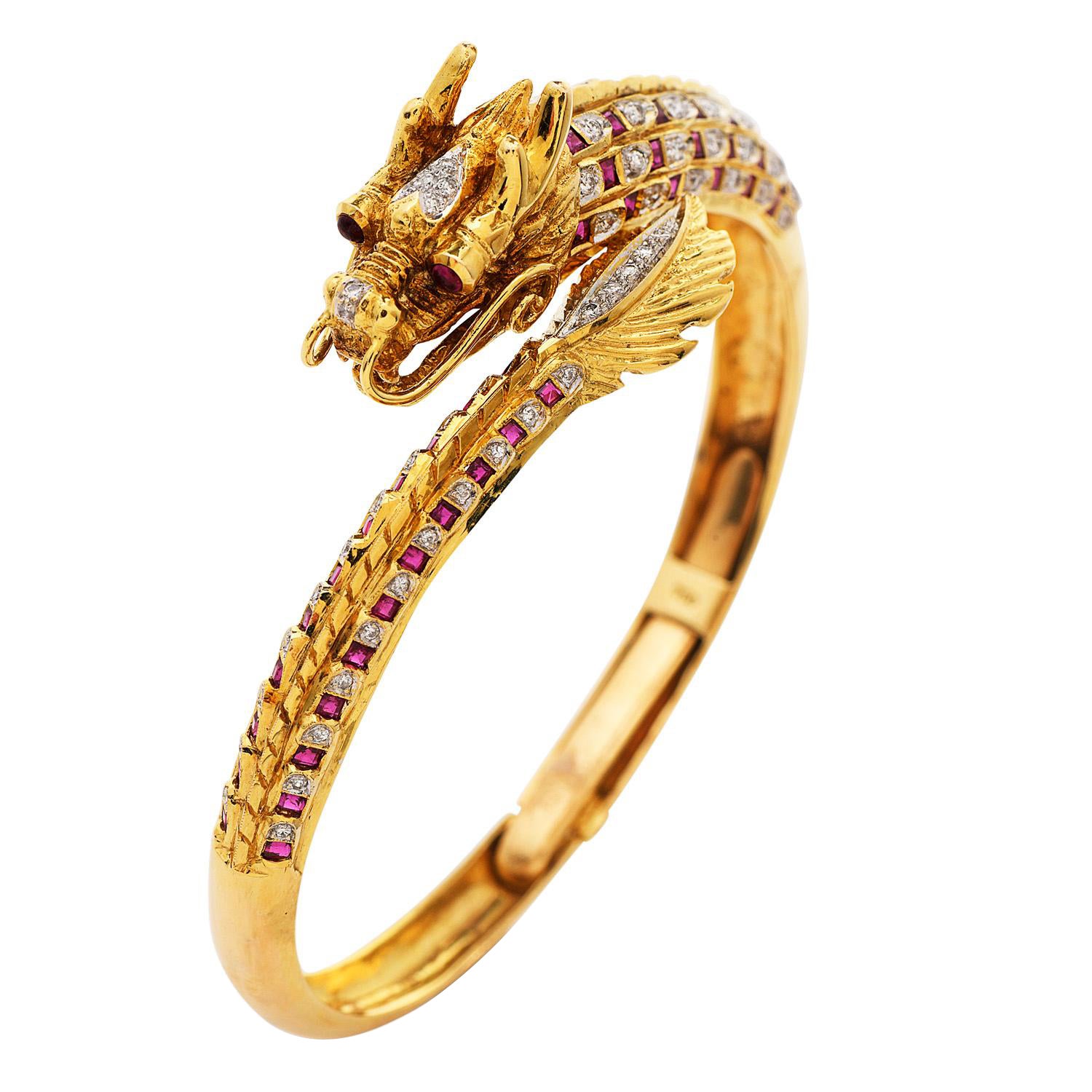 Vintage Diamond Ruby Asian Dragon 18K Gold Bypass Bangle Bracelet