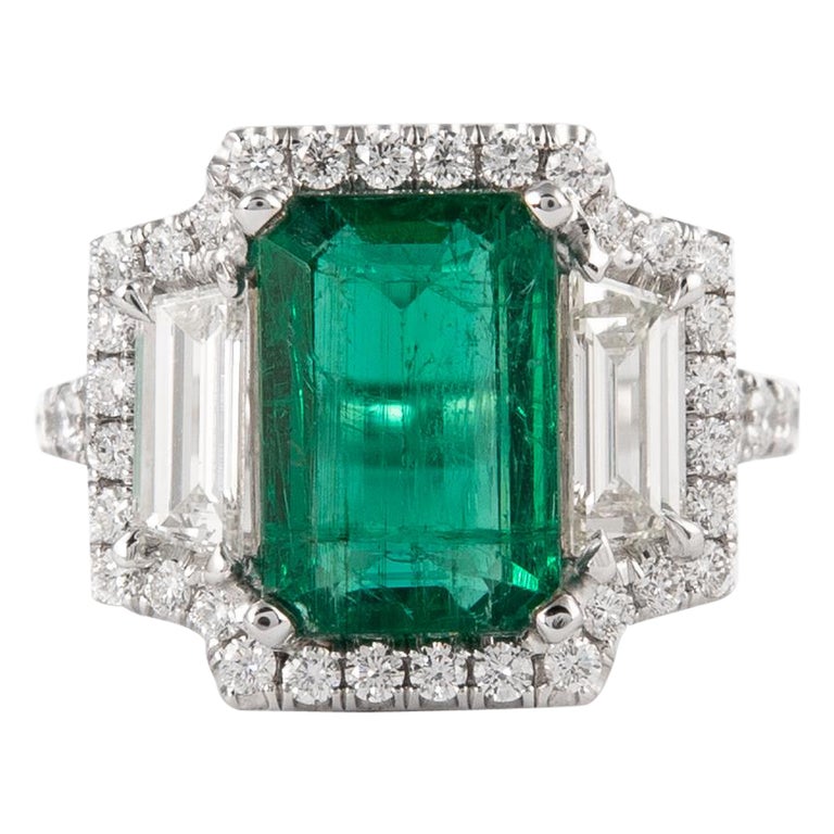 Alexander 4.48 Carat Emerald with Diamond Three Stone Halo Ring 18 ...