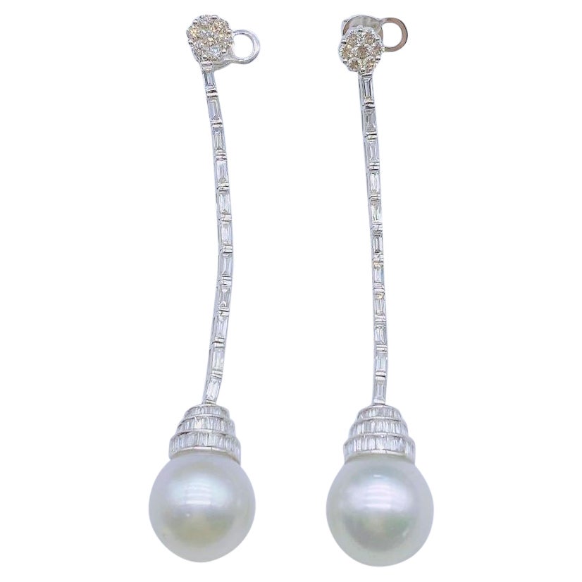 NWT 9, 569 Rare 18KT Gold Exquisite Fancy Pearl Baguette Diamond Dangle Earrings For Sale