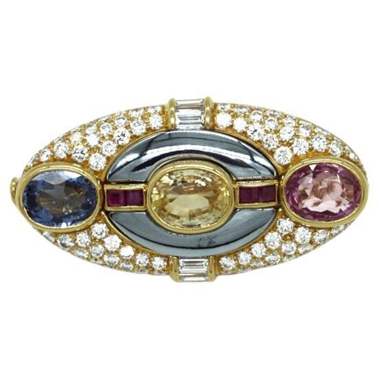 Bulgari Unique Multicolor Sapphire and Diamond Brooch For Sale