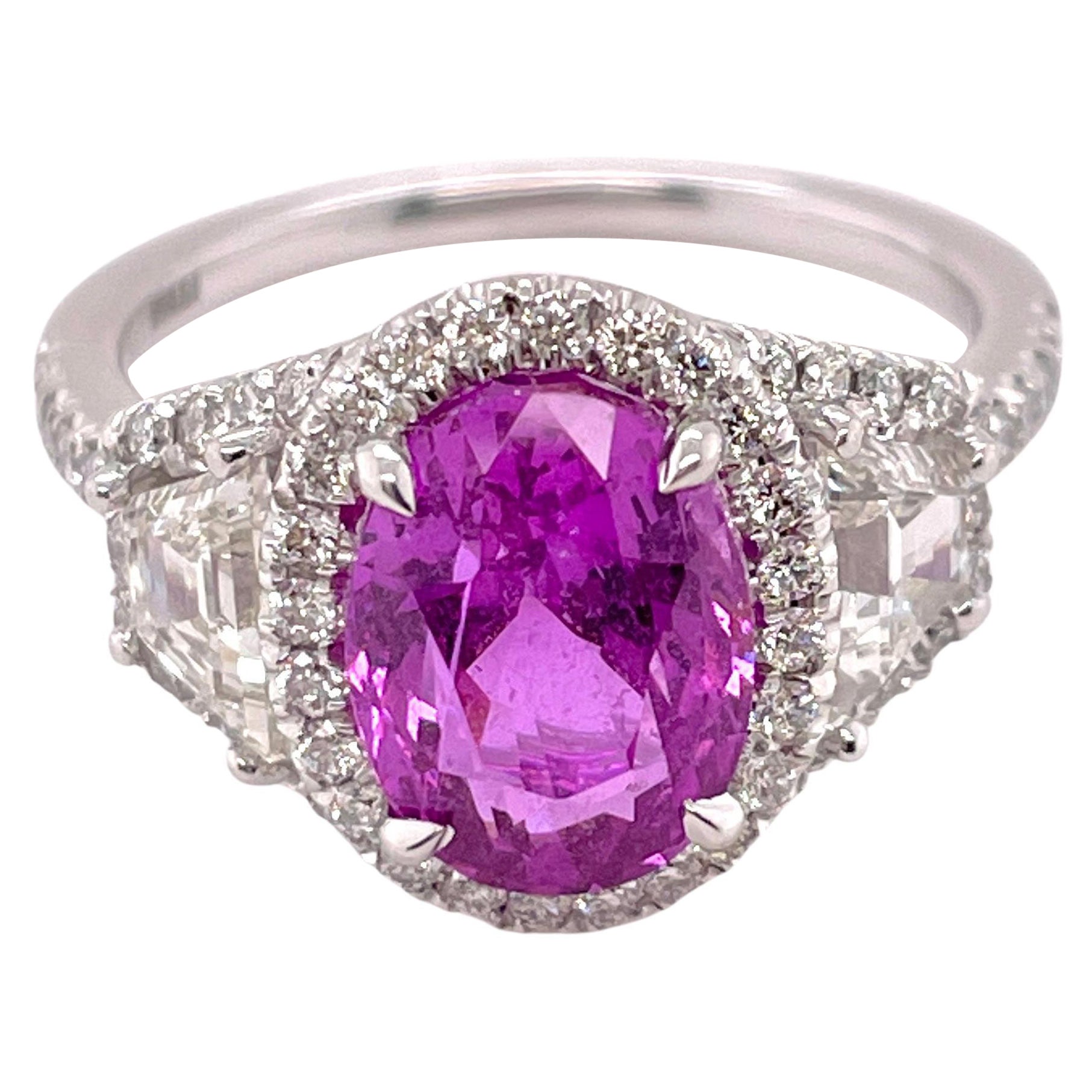 Unheated GIA Certified 3.51ct Oval Pink Sapphire & Diamonds Ring For Sale