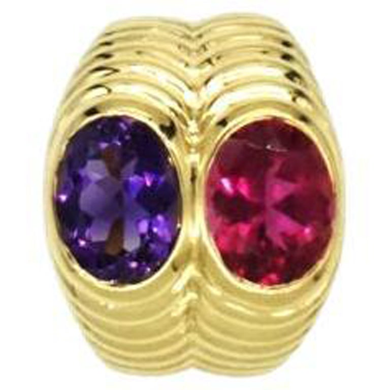Bulgari Gold Ring with Amethyst and Tourmaline For Sale