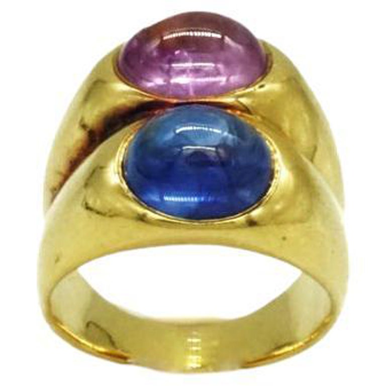 Bulgari Gold Ring with Blue and Pink Sapphire For Sale