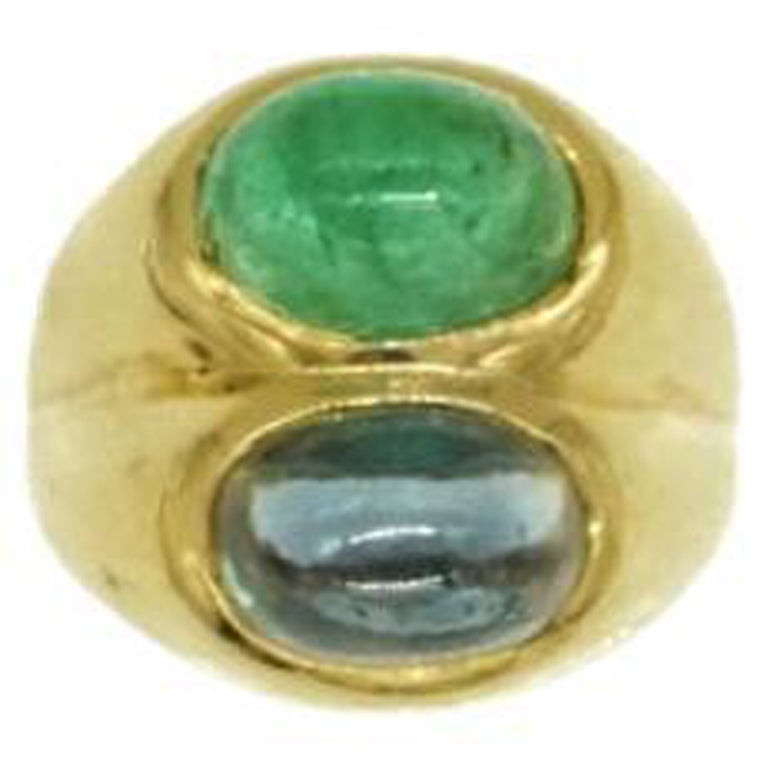 Bulgari Gold Ring with Cabochon Sapphire and Emerald For Sale