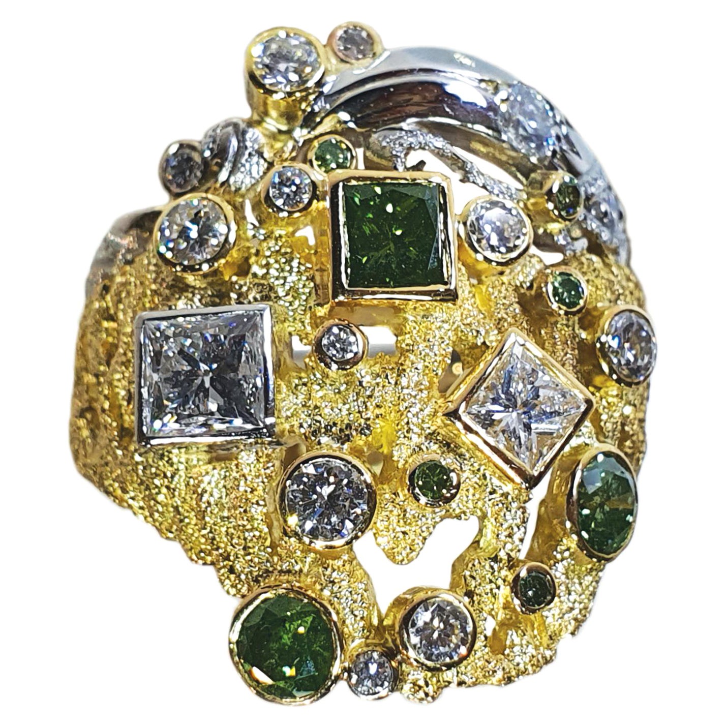 Paul Amey 18K Gold, Platinum, Green and White Diamond hand crafted "Bark" Ring For Sale