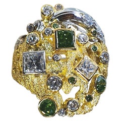 Paul Amey 18K Gold, Platinum, Green and White Diamond hand crafted "Bark" Ring