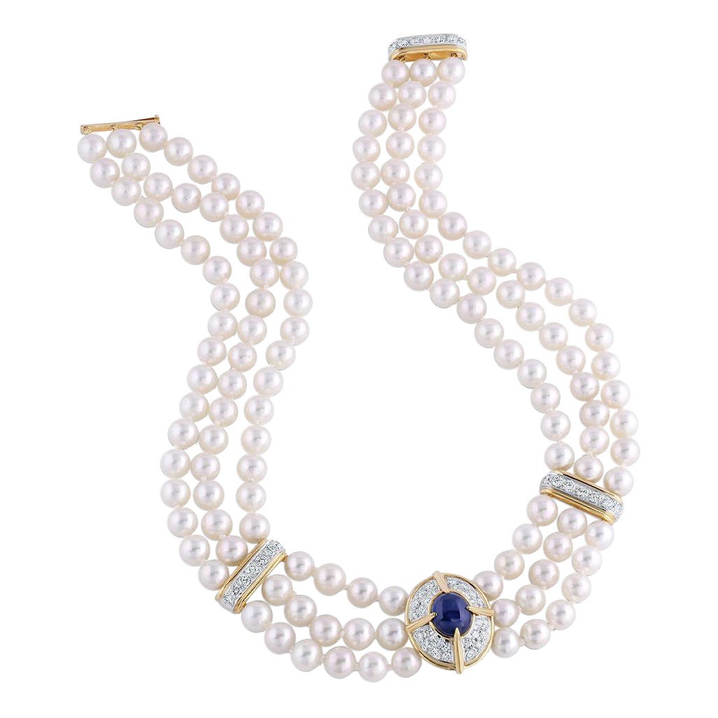 Van Cleef and Arpels Platinum 18 Karat Yellow Gold Sapphire Pearl Necklace For Sale