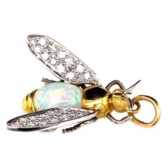 Vintage Opal Diamond Set Bee Pendant 18 Karat White and Yellow Gold