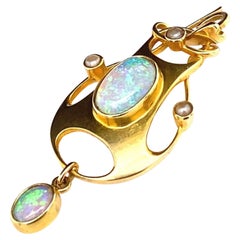 Murrle Bennett & Co Art Nouveau Opal and Seed Pearl 15 Karat Yellow Gold Pendant