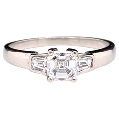 0.54 Carat Vintage Asscher Cut Three Stone Diamond Platinum Engagement Ring