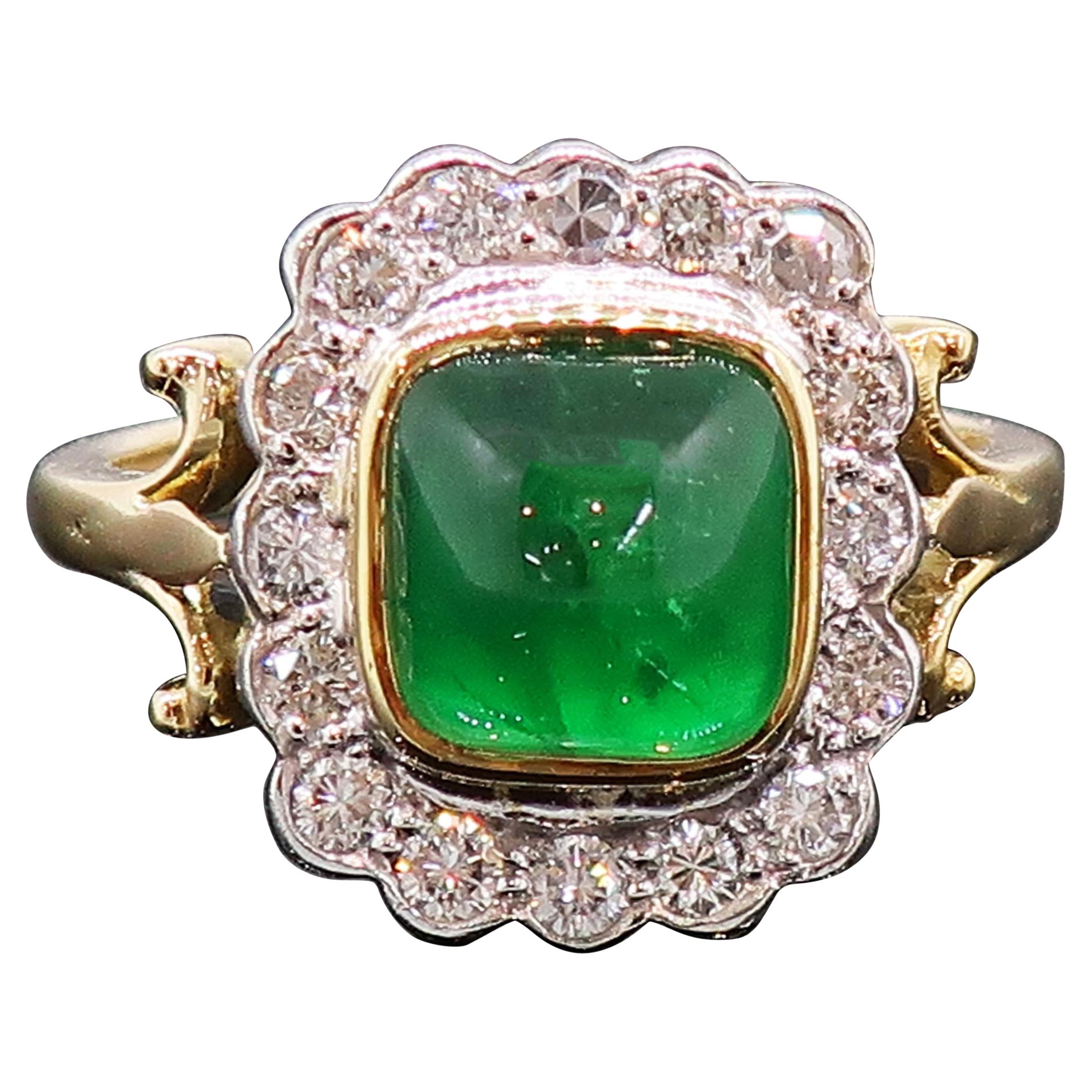 Cabochon Emerald and Diamond Cluster Ring Yellow and White Gold For Sale