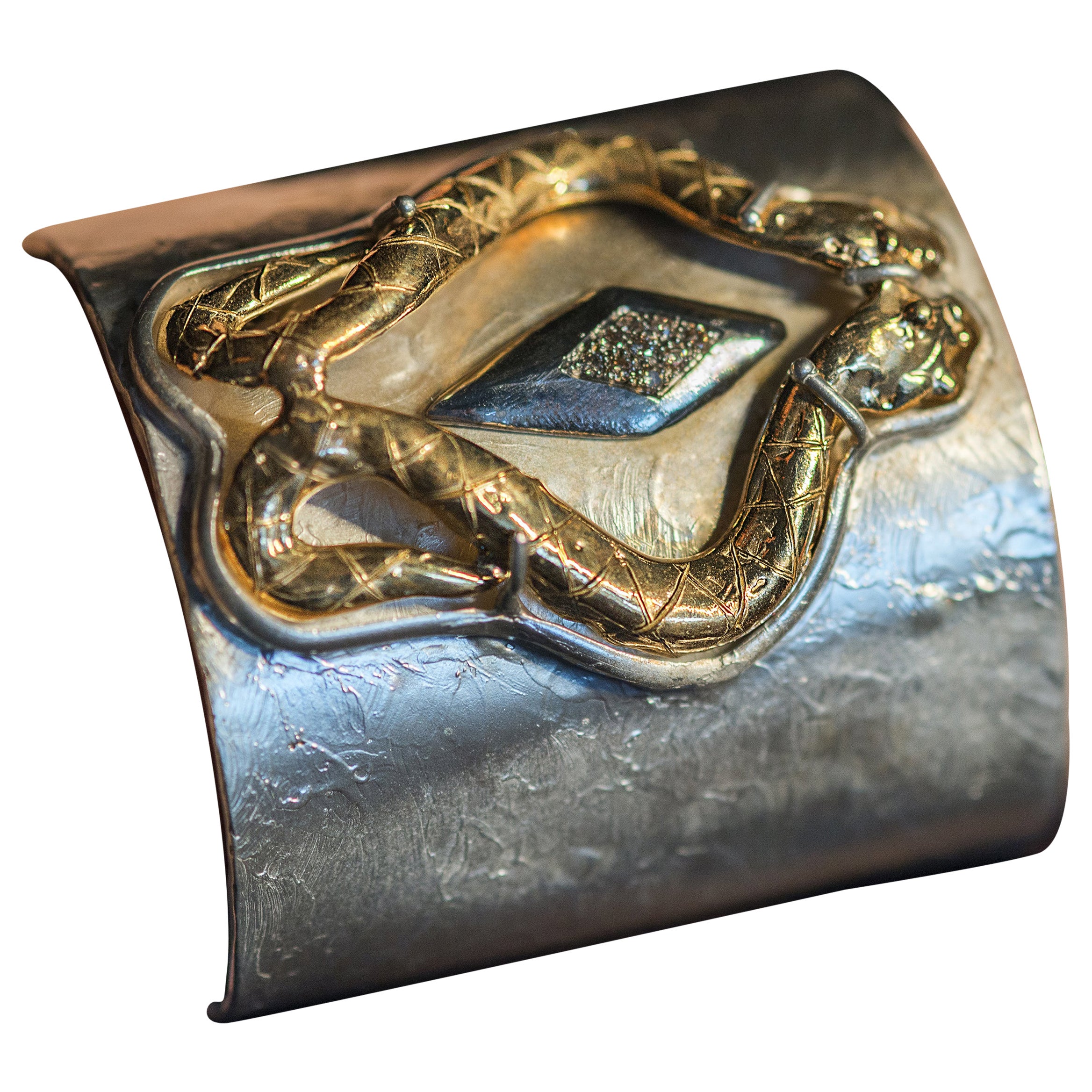 Sensual Snake 0.20 Karat Diamond 24 Karat Gold-Plated Silver Sterling Cuff For Sale