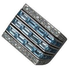 Vintage Heavy 18 Carat White Gold Blue Topaz and Diamond Statement Cluster Ring