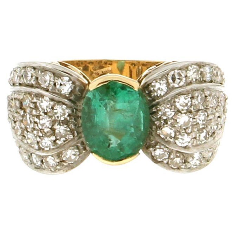 Handcraft Brazilian Emerald 18 Karat Yellow and White Gold Diamond Cocktail Ring