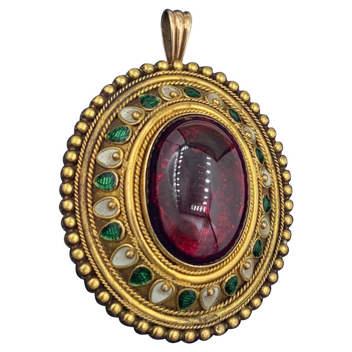 Etruscan Revival Garnet Enamel Gold Pendant Necklace Circa 1860 Museum Quality