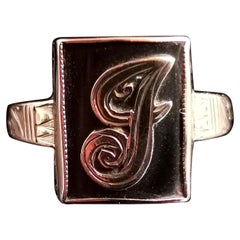 Antique Victorian Mourning Ring, Initial J, Onyx and 9kt Rose Gold