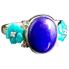 Lapis Lazuli, Diamond and Turquoise Flower Ring, 9 Karat Yellow Gold