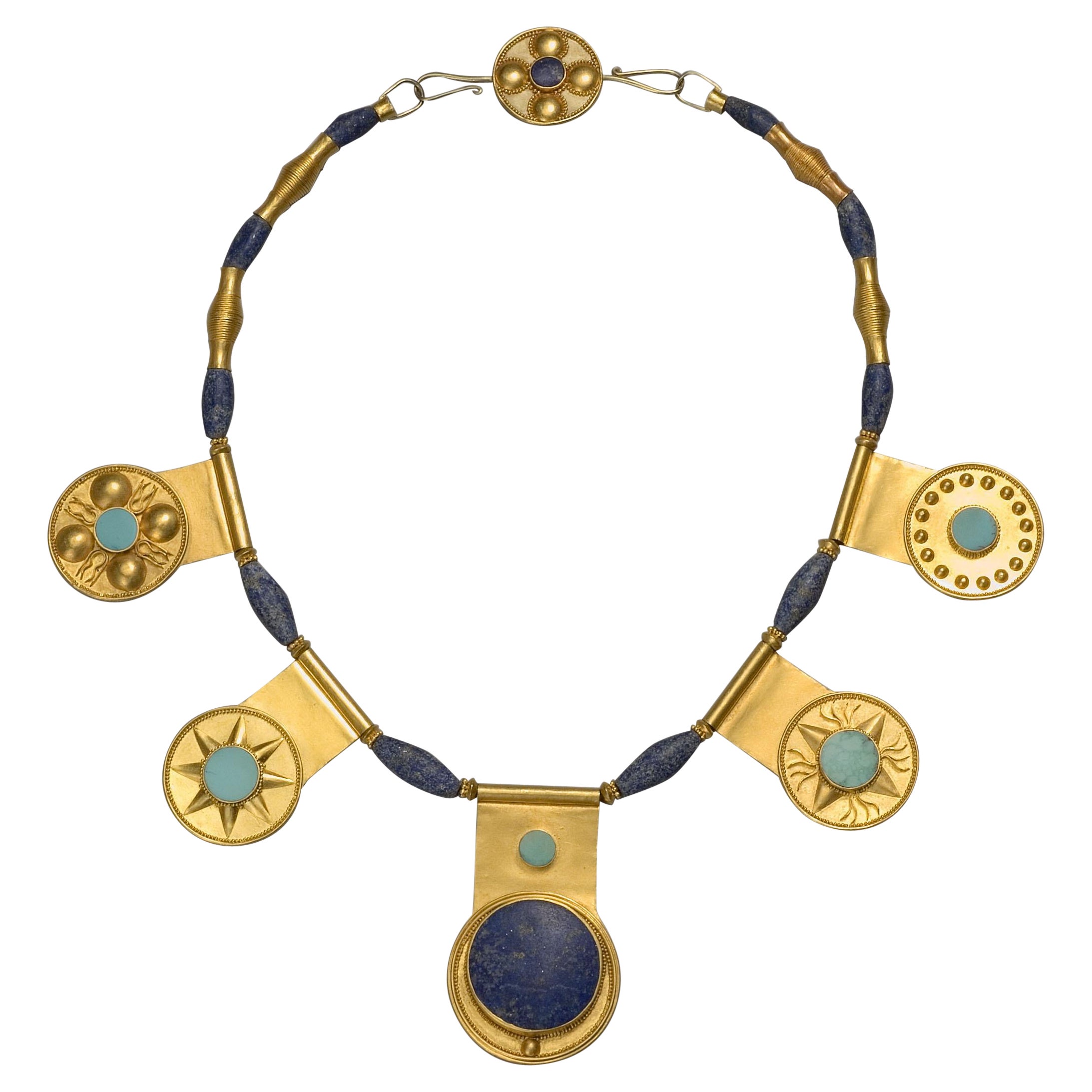 "Moon, Sun, Venus and Stars" 23k Gold Medallions with Lapis Lazuli and Turquoise For Sale