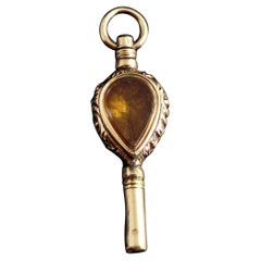 Antique Victorian 9k Gold Watch Key Pendant, Citrine and Bloodstone