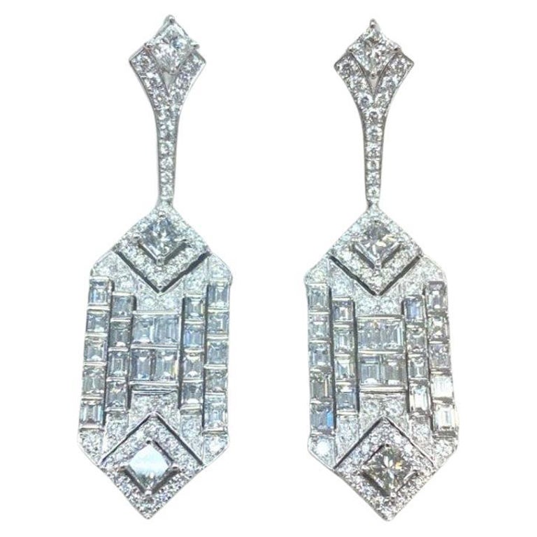 Rare Fancy Platinum 6.50CT Glittering Diamond Deco Style Dangle Earrings For Sale