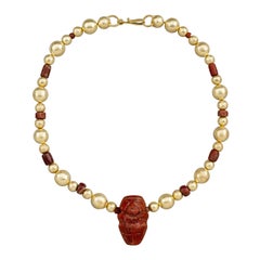 Ancient Tairona Red Jasper Pendant, Beads, with 20k Spherical Gold Beads
