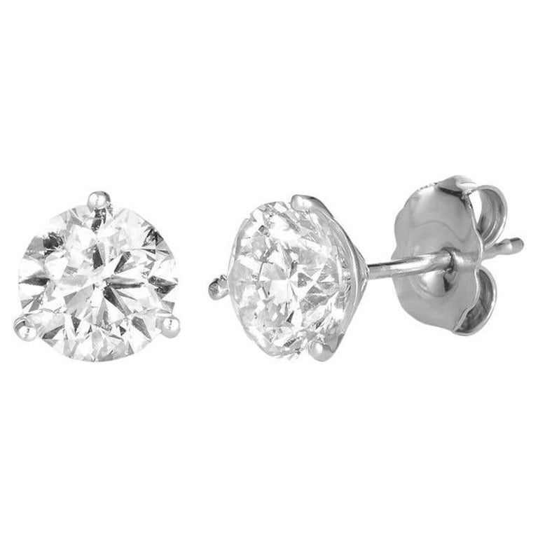 1.50 Carat Natural Diamond Martini 3 Prong Stud Earrings G SI 14K White Gold For Sale