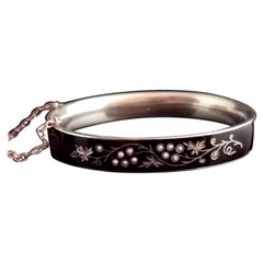 Antique Victorian Mourning Bangle, Silver, Black Enamel and Seed Pearl
