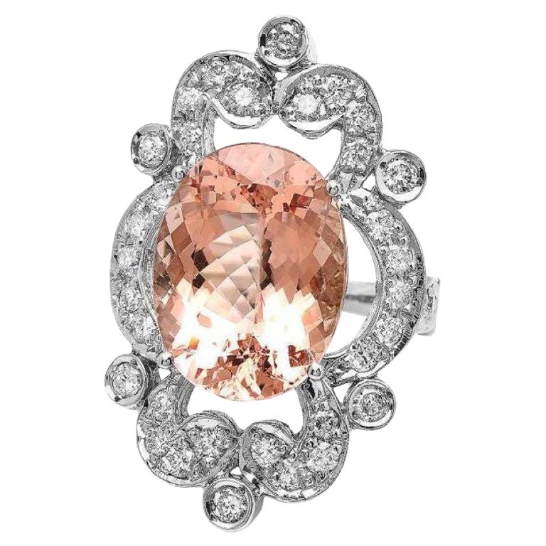 10.20 Carats Natural Morganite and Diamond 14K Solid White Gold Ring For Sale