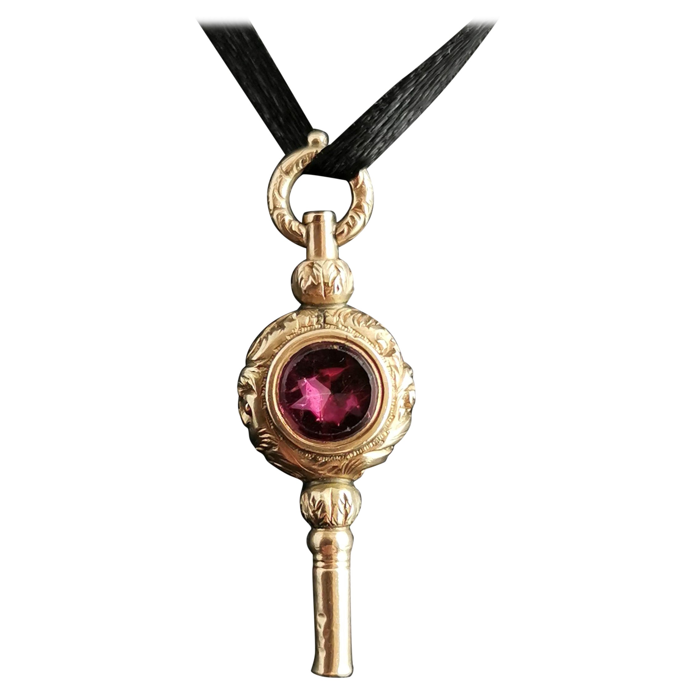 Antique Georgian 9k Gold Watch Key, Pendant, Amethyst and Bloodstone