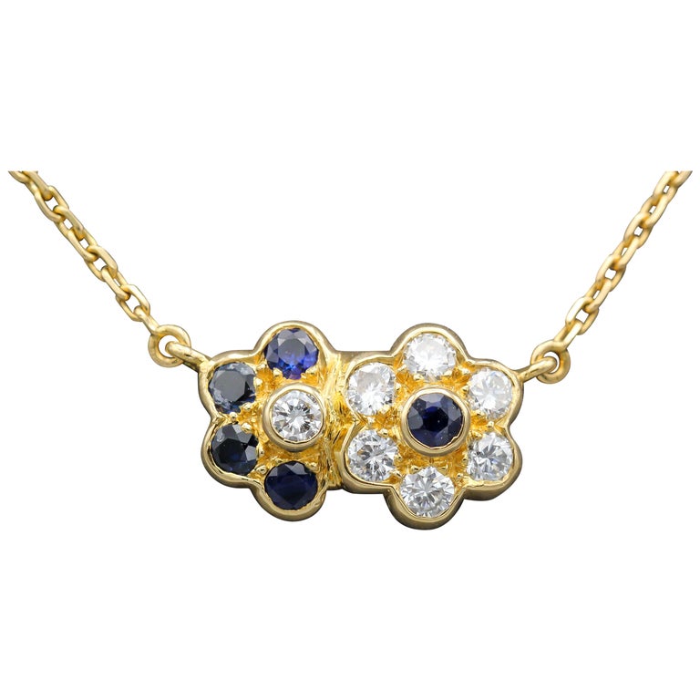 Van Cleef & Arpels Diamond Sapphire 18k Gold Flower Pendant Necklace For Sale