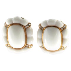 White Agate Diamond Omega Clip on Earrings in 14 Karat Rose Gold