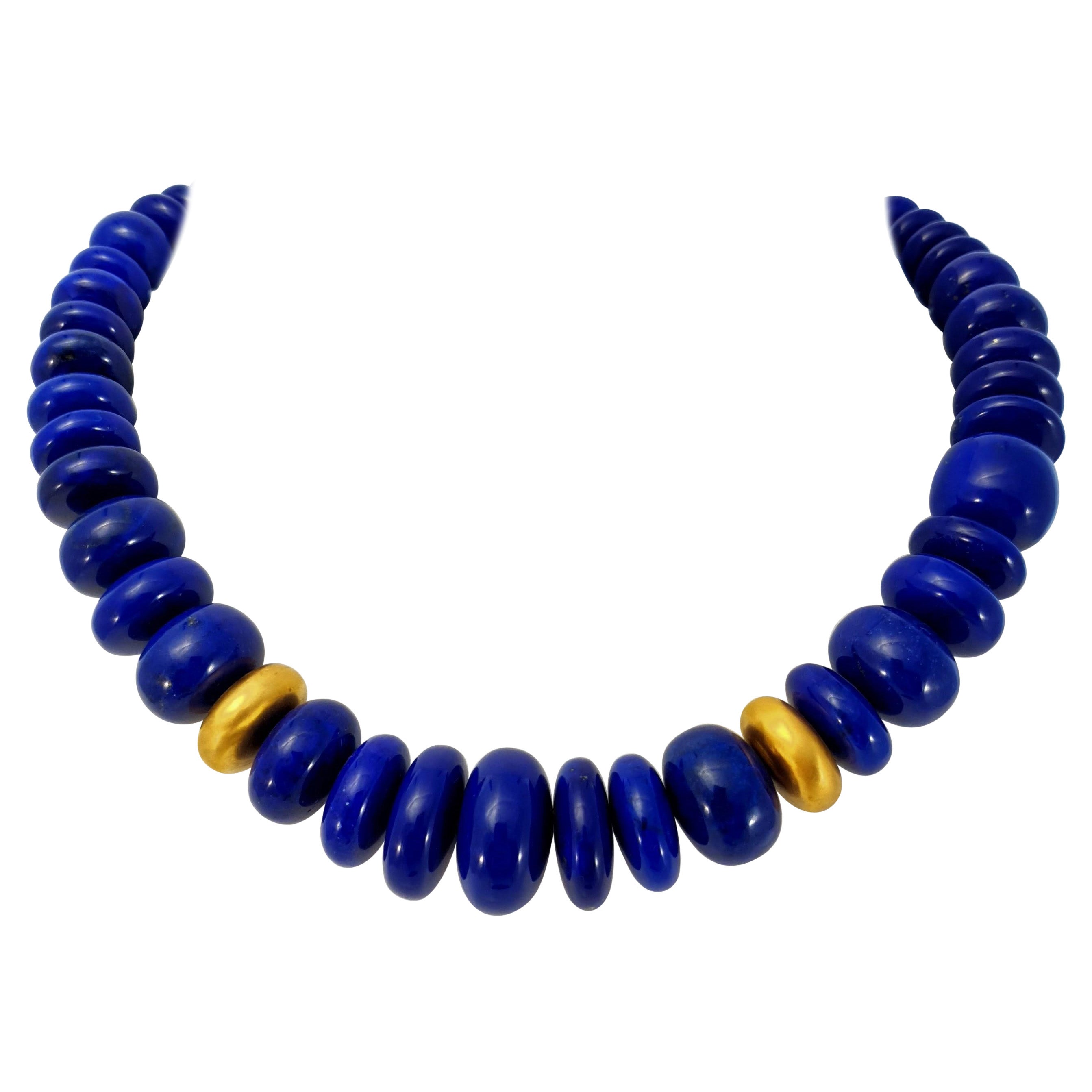 Royal Blue Lapis Lazuli Rondel Beaded Necklace with 18 Carat Mat Yellow Gold For Sale