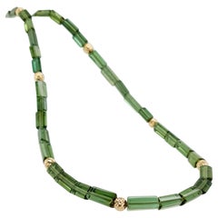 Green Tourmaline Crystal Beaded Necklace with 18 Carat Yellow Gold