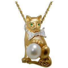 Oscar Heyman Diamond Gold Platinum Bow Tied Cat Pendant
