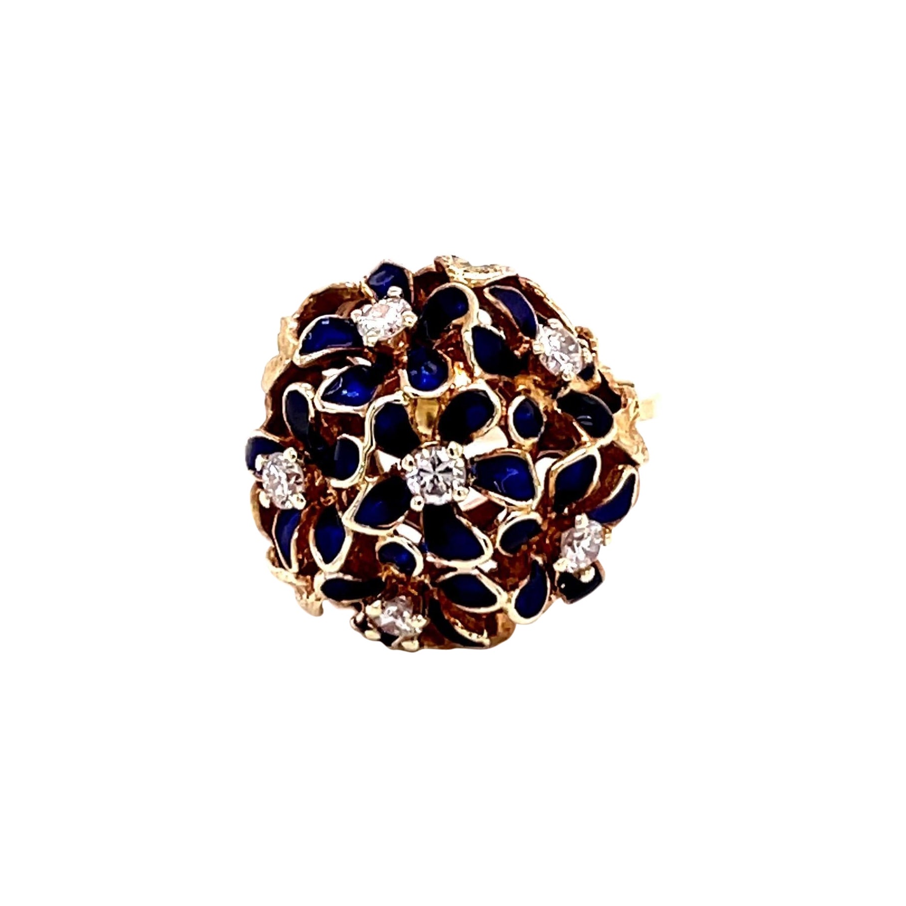 Bague fleur vintage en or jaune 14 carats avec émail bleu et diamants 
