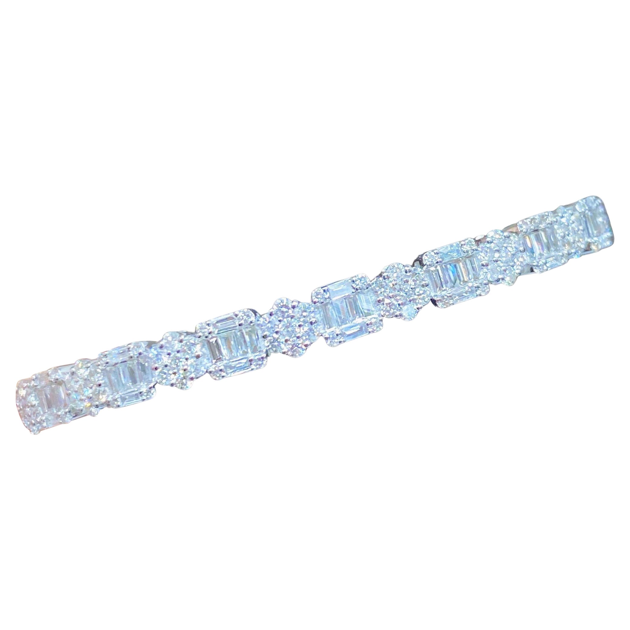 18KT Gold Important Fancy Baguette Floral Motif Diamond Bangle Bracelet For Sale