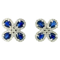 Boucles d'oreilles Art Déco 4 Carats Diamants & Saphirs Bleus Motif Fleur Papillon