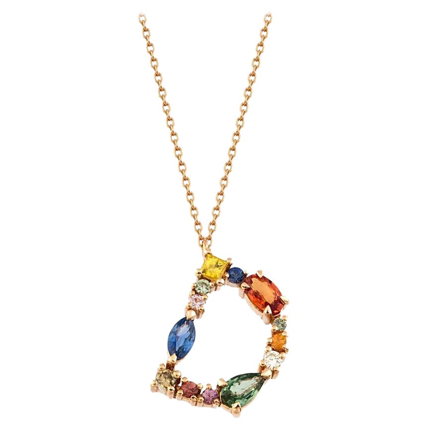 Letter D Charm Rainbow Pendant 1.12 Carat Diamonds, Sapphires 14K Gold Necklace For Sale