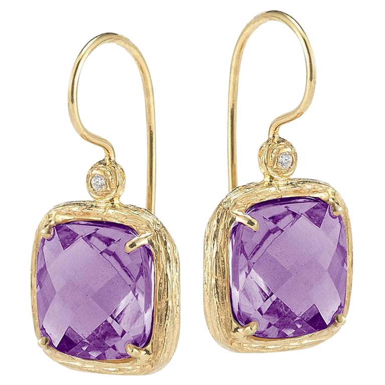 Hand-Crafted 14K Yellow Gold Diamond and Amethyst Color Stone Drop Earrings For Sale