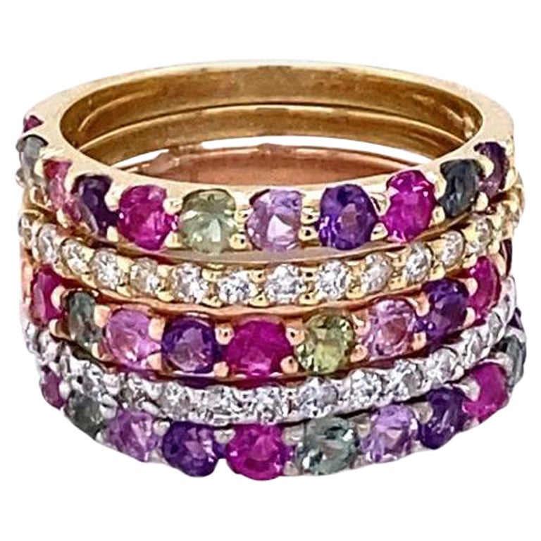 3.06 Carat Multi-Color Sapphire and Diamond 14K Gold Stackable Bands For Sale