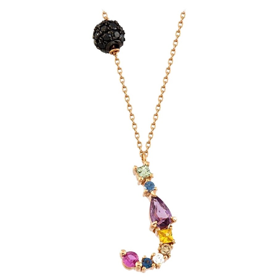 Rainbow Letter J Charm Pendant .75 Carat Diamonds, Sapphires 14K Gold Necklace For Sale