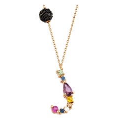 Rainbow Letter J Charm Pendant .75 Carat Diamonds, Sapphires 14K Gold Necklace