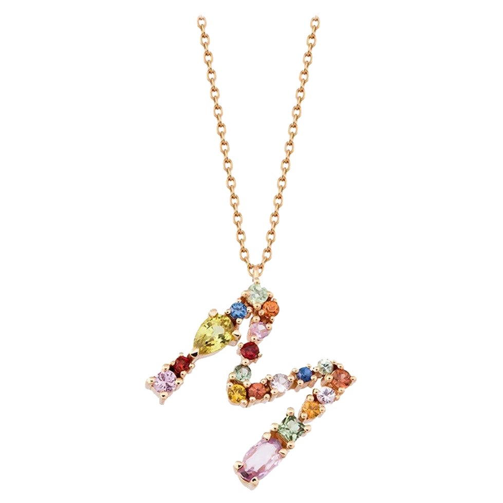 M Letter Charm Pendant 1.08 Carat Rainbow Multi-Color Sapphires Gold Necklace For Sale